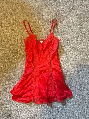 Vintage Red Lace Trim Satin Chemise - Women’s Intimate Slip